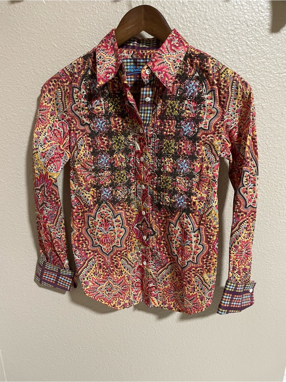 Robert Graham Women’s Collection Paisley Button-Up Shirt in Red Embroidered Bib